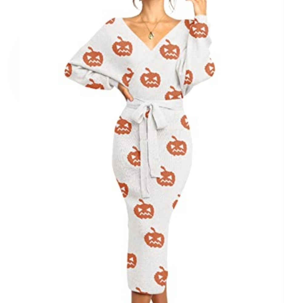 Women's Pumpkin Sweater V-Neck Dress
